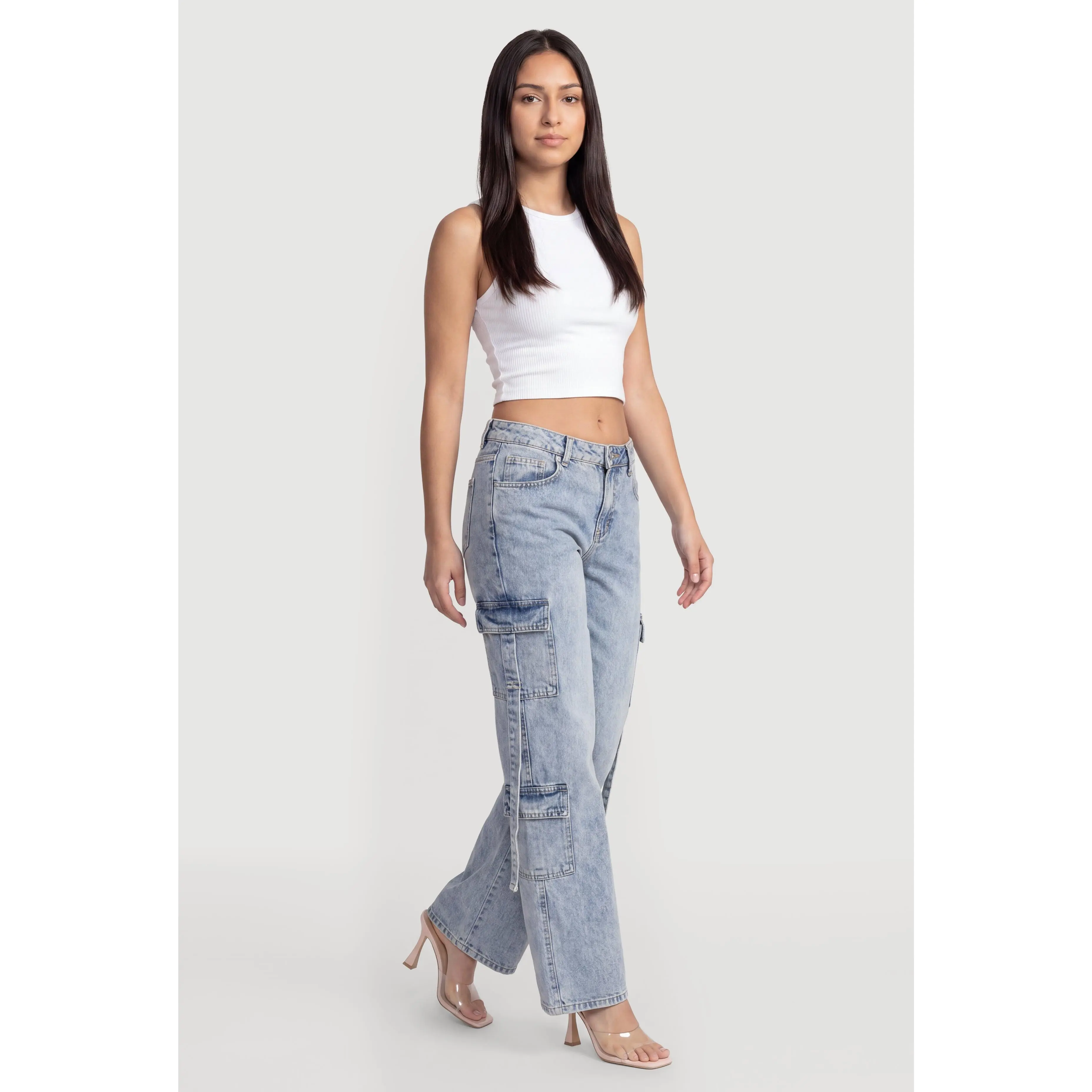 Trendy Mid Rise Acid Wash Straight Leg Cargo Jeans