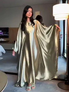 1‑Piece Shiny Gold Satin Batwing Sleeve Abaya, Luxury Evening Modest Muslim Maxi Dress