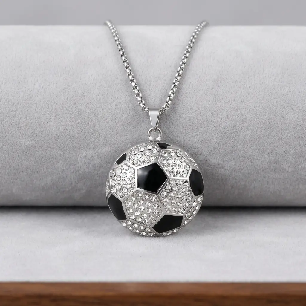 Unisex Iced-Out Soccer Ball Geometric Pendant Necklace - 60cm (23.7in) Chunky Ball Chain, Metal Coating Precision-Set Stones, Stainless Steel Link, Daily Classic Casual Bling Sports Fashion Accessory Gift