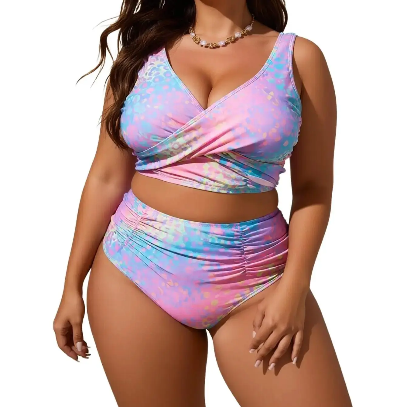 Women's Polyester Gradient Tie-Dye Leopard 2-Piece Tankini Swimsuit - Plus Size Wrap Ruched Top, High Waist Tummy Control Bottom for Curvy Women (2XL, 3XL, 4XL Print Design), Anti-Chlorine, Curve-Hugging Slim Fit, Deep V Crossover Wrap Design, Fade-Resist