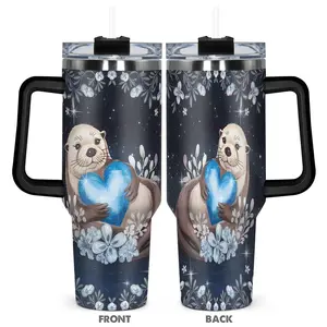 40oz Tumbler with Lid, 1 Count Cute Cartoon Otter Pattern Insulated Tumbler, Durable Gift for Any Occasion for Family, Friends, or Coworkers, Drinkware