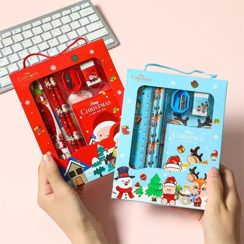 Christmas Stationery Gift Set for Kids, Includes Pencils Sharpener Eraser Notebook Ruler, Perfect Christmas Present for Children