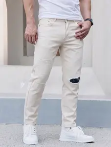 Men’s Vintage White Distressed Patchwork Straight‑Leg Jeans, Retro Ripped Repair‑Style Denim Pants for Streetwear Soft