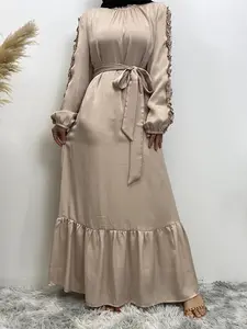 Women's Plain Frill Trim Belted Ruffle Hem A Line Dress, Modest Bishop Sleeve Keyhole Neckline Long Dress for Party Wedding Guest, Ladies Summer Clothes