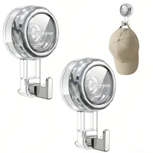 2 suction cup type wall hooks, polished chrome surface, transparent base, strong vacuum suction, waterproof, rust proof, no drilling or damage required, heavy-duty load-bearing capacity, elegant and shiny design,