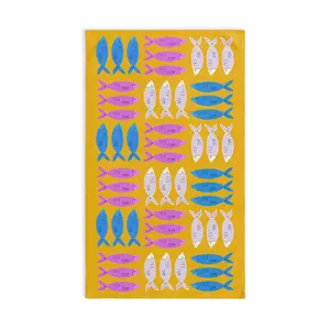 Slightly Subtle Sardine Pink Blue White on Yellow Hand Towel, FDT Fish Coastal Kitchen Towel, Beach House Gift, Nautical Ally Pride
