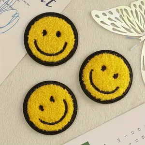3pcs Round Happy Face Pattern Patches, Cute Cartoon Style Stylish Embroidery Iron-on Sewing Patches Suitable for Clothes, Bags, Shoes, Hats, Home Decoration, Etc.