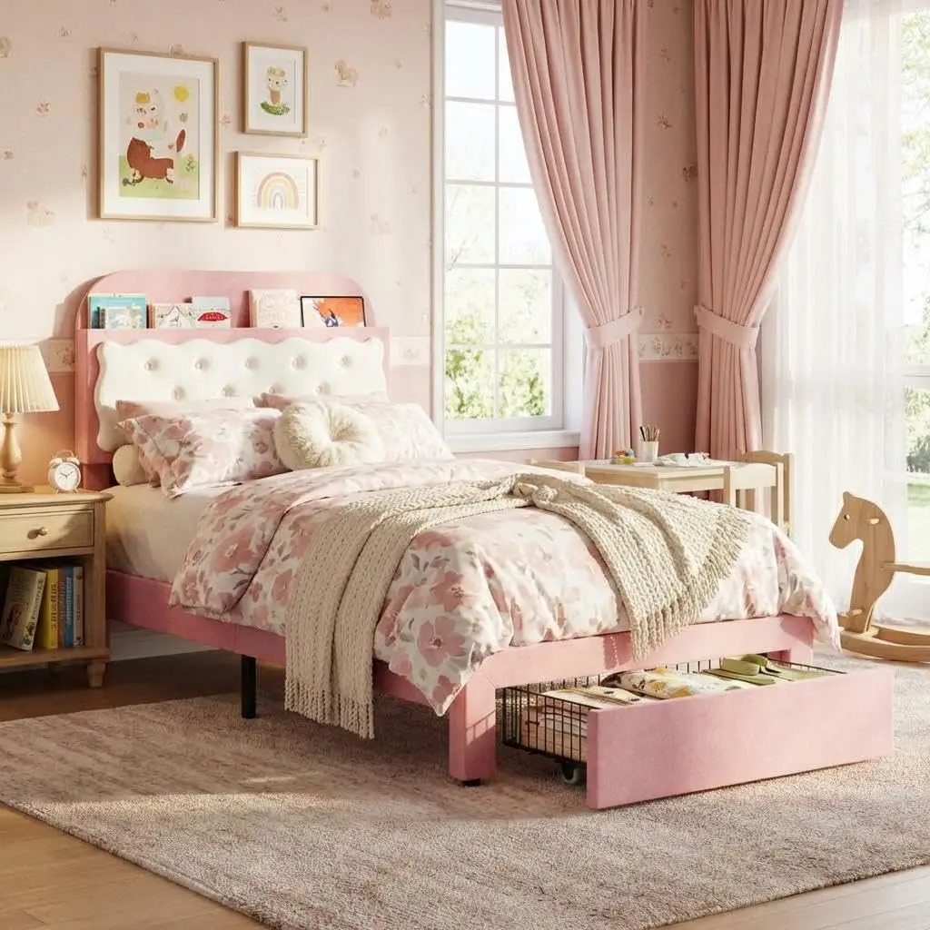 Velvet Twin Platform Bed with Tufted Storage Headboard, End Drawer, Sturdy Wood Slats, No Box Spring Required, Easy Assembly