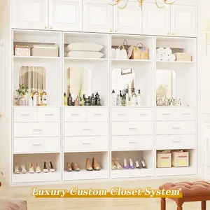25" Closet System with Drawers, 2FT Freestanding Wood Closets Organizer System with Storage Shelves and Mirror, Stylish Storage Cabinet, Luxury White Storage Organizer for Bedroom