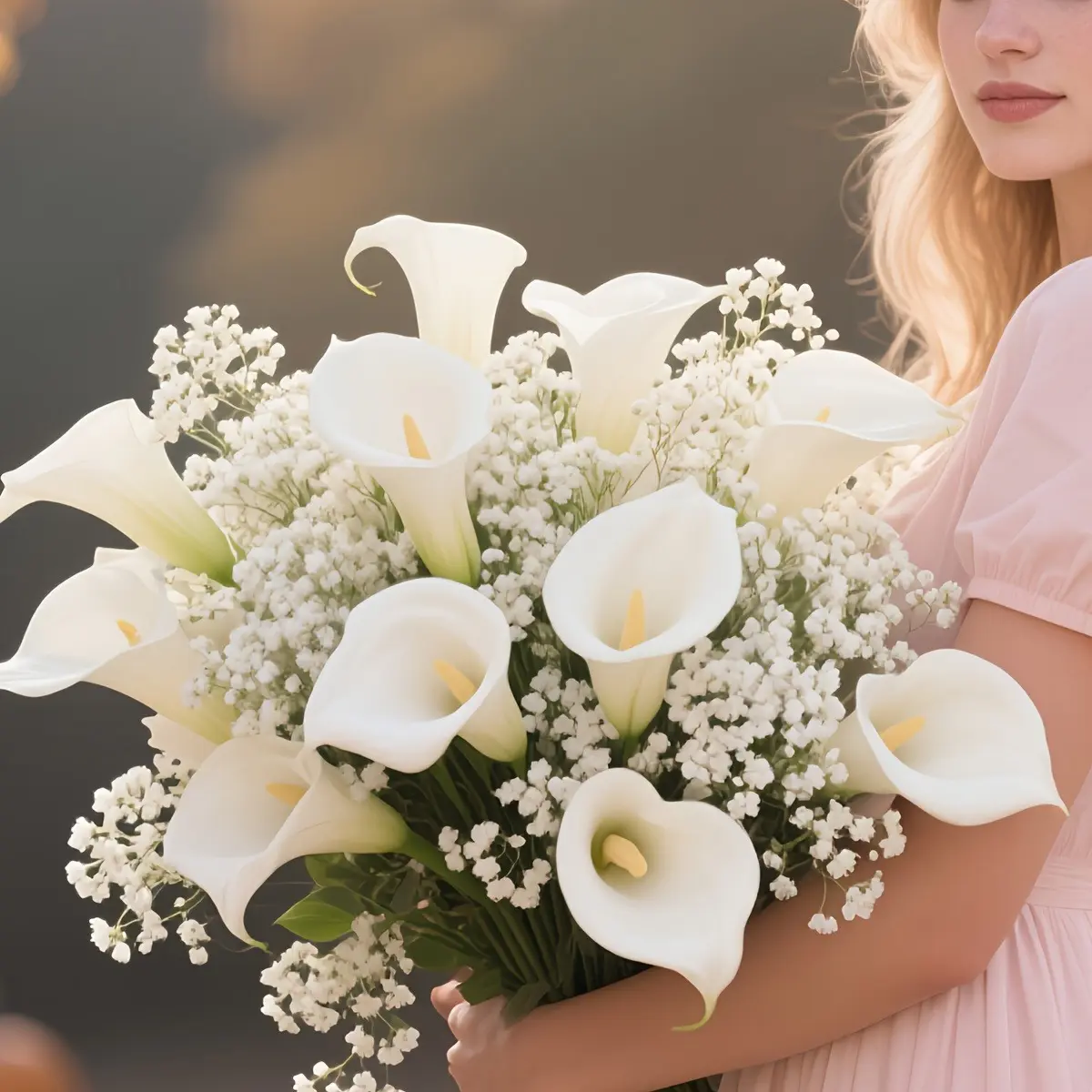 40pcs beautiful artificial cemetery flowers, 30 baby's breath flowers + 10 pretty white calla lilies. Realistic cemetery flower decoration - maintenance-free - UV resistant, suitable for home/hotel/funeral/holiday decoration Artificial Flower Bouquet.