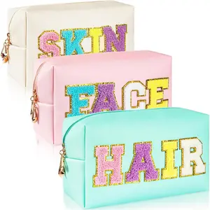 3 count Preppy Patch Makeup Bag Chenille Letter Bag, PU Leather  Toiletry Hair Bags with Nylon Zipper Patches Makeup Organizer Bags Set for Women