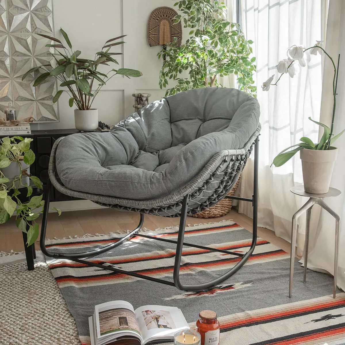 BARTON Oversized Grey Wicker Double Egg Shaped Outdoor Patio Rocking Chair - Armless, Cushioned, All-Weather, Comfortable, Cozy, Wicker Build, Oversized Seat, Whimsical Look, Ideal for Backyard Relaxation, All-Weather Rocking Chairs, Armless Rocking Chair