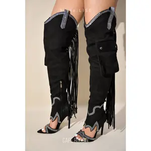 Lise Rhinestone Fringe Cargo Chap Boots - Black
