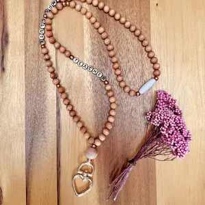 Handmade Wood bead lanyard with heart clasp and breakaway closure for teachers nurses or any professional ID badge holder keychain with personalized letter beads
