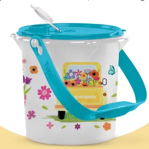 White Bucket Jar with Blue Hand & Lid, Ideal for Huge Amount of Food Storage, White with Floral Design