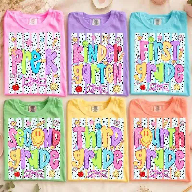 Neon Striped Back To School Smiley Face Shirt, Comfort Colors Checkered Teacher Tee, Pre-K To Fourth Grade Apparel, Colorful School Grade Tshirt, Teacher Coquette Wear, Back To School Gift, Back To School Shirt
