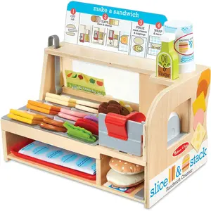 Wooden Slice & Stack Sandwich Counter with Deli Slicer – 56-Piece Pretend Play Food Pieces