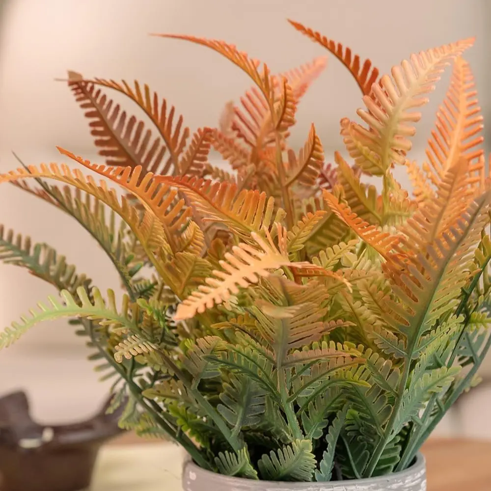 2 Packs Decorative Farmhouse Small Fake Fern Plants with Gray Melamine Pot - Bowl/Basin Centerpiece Greenery for Home, Office Shelf, Desk Decor (Autumn Red), Kitchen