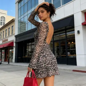 Sexy Backless Leopard Print Long Sleeve Dress