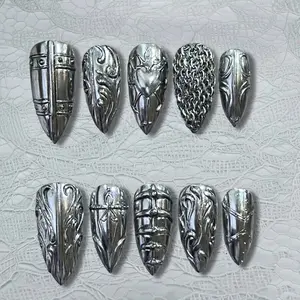 Medieval Chrome Armor Press On Nails, Sculpted Silver Metallic Design, Gothic Engraved Details, Chain Texture Accent, Futuristic Knight Inspired Handmade Press On Nails, Glossy Statement Nail Art, Avant Garde Style, Gifts for Her