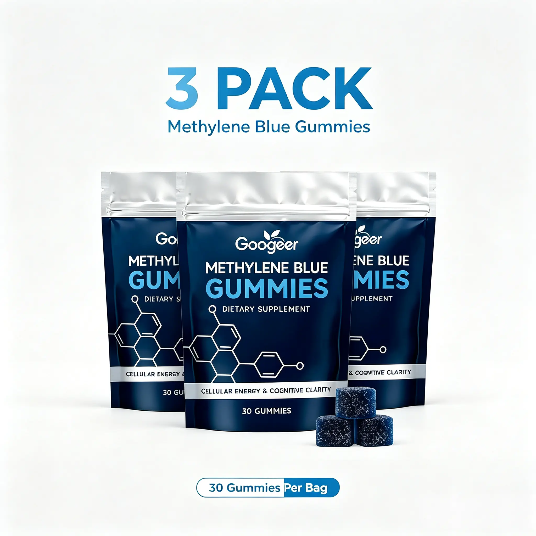 Methylene Blue Gummies 3 Pack, Supports Cognitive Function, Cellular Energy, Mental Focus & Antioxidant Activity, 30 Gummies/Bag