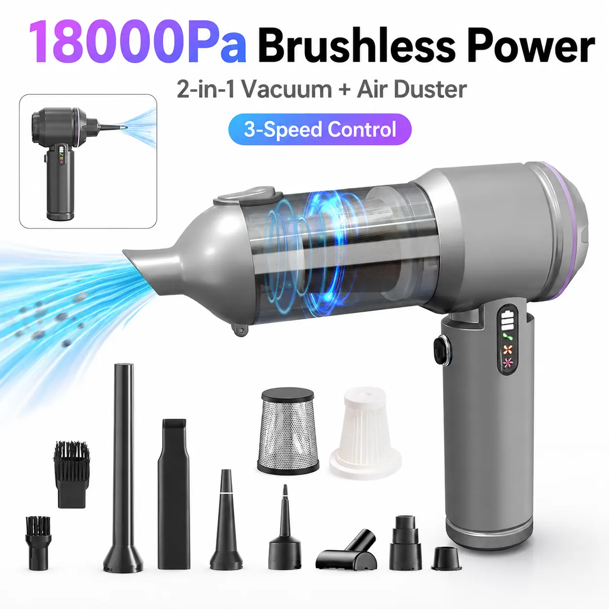 18000Pa Cordless Handheld Vacuum Cleaner, Brushless Portable Car Vacuum & Air Duster with Detachable Battery, 3-Speed Control, Dual Filters and Multiple Nozzles for Car, Home, Desk and Keyboard
