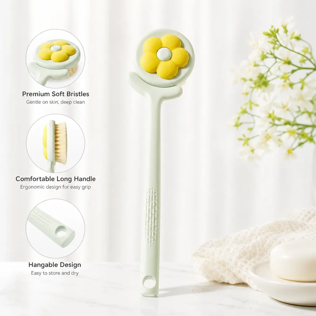 Long Handle Bath Brush with Soft Bristles, Cute Flower-Shaped Head Body Scrubber with Hanging Hole, Soothing Gentle Cleansing for Sensitive & All Skin Types Adults, Exfoliating Bathing Accessory