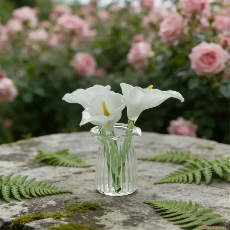 Elegant Handmade Glass Flower Vase with Simulated Flower, Decorative Ornament for Car and Bookshelf, Unique Holiday Gift, Home Decoration Accessory, Ornaments, Desktop, Premium Glass Feel, Holiday Gift Ready, Floral, Set, Festive Gift