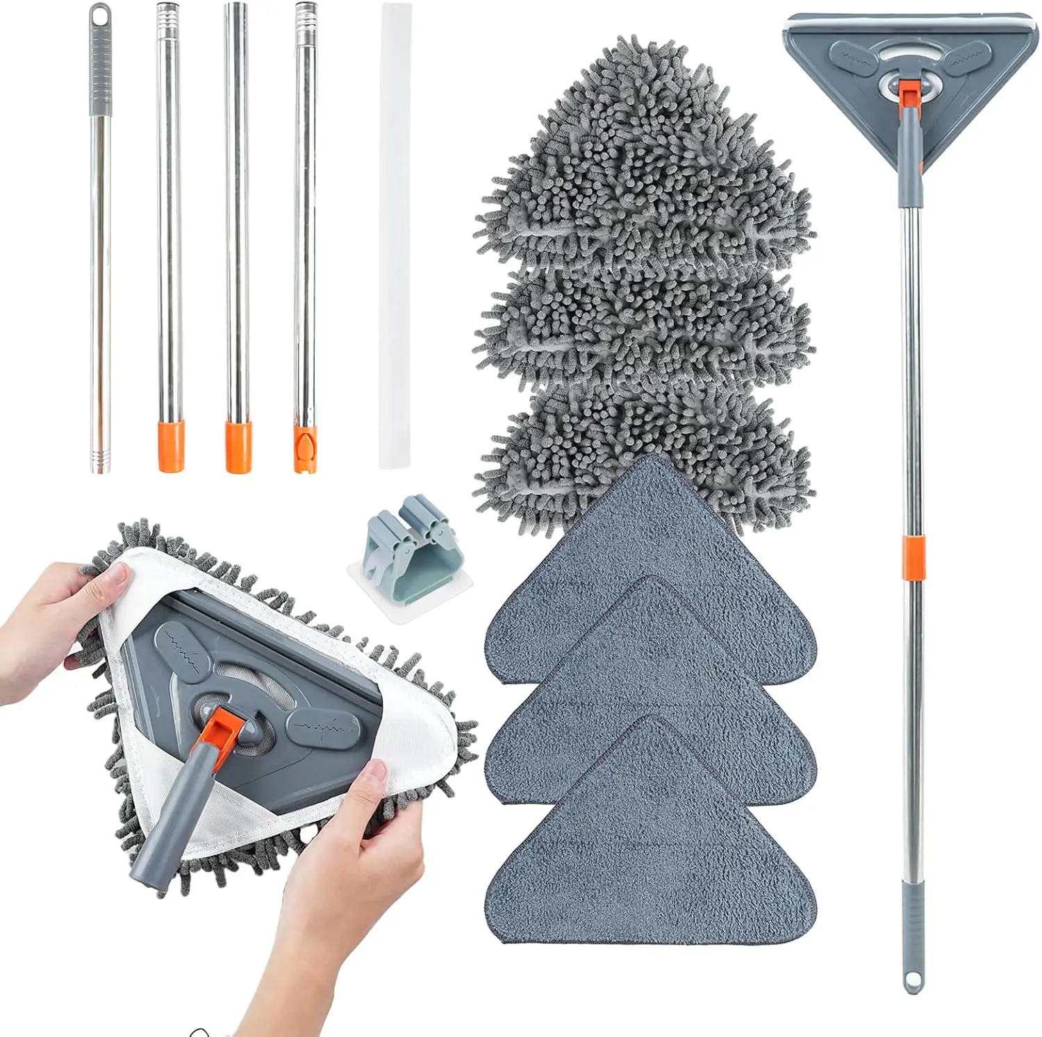 Long Handle Wall Cleaner Adjustable LengthWall Mop 360° Spinning Head Floor WallWashing Cleaning Tool for Walls Ceiling FansFloors Baseboards Dust Kitchen GeneralPurpose, 6 Replacement Pad