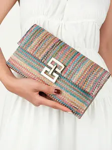 Bohemian Vacation Woven Clutch Purse, Women's Square Flap Wallet, Straw Clutch Purse