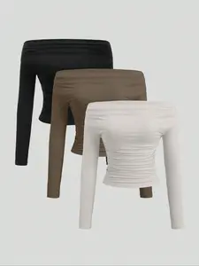 Women's Autumn & Winter Essential Basic Chic Off-Shoulder Long Sleeve Fitted T-Shirt, Three-Piece Set, Versatile Daily Wear