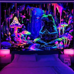 Blacklight Frog Tapestry UV Reactive Mushroom Tapestry for Bedroom Colorful Cave Tapestries Magic River Wall Tapestry Hippie Large Wall Hanging for Room Dorm