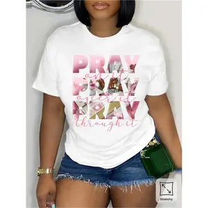 Women White Inspirational "Pray On It Pray Over It Pray Through It" T-Shirt |   Casual Crew Neck Short Sleeve Top With Pink Lettering And Floral Accent, Stretchy Blend, Machine Washable, All-Season Comfort Fit Tee For Adults, Teens,  women summer clothes。