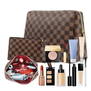 2-Piece Checkered Leather Makeup Bag Set - Waterproof Travel Essentials