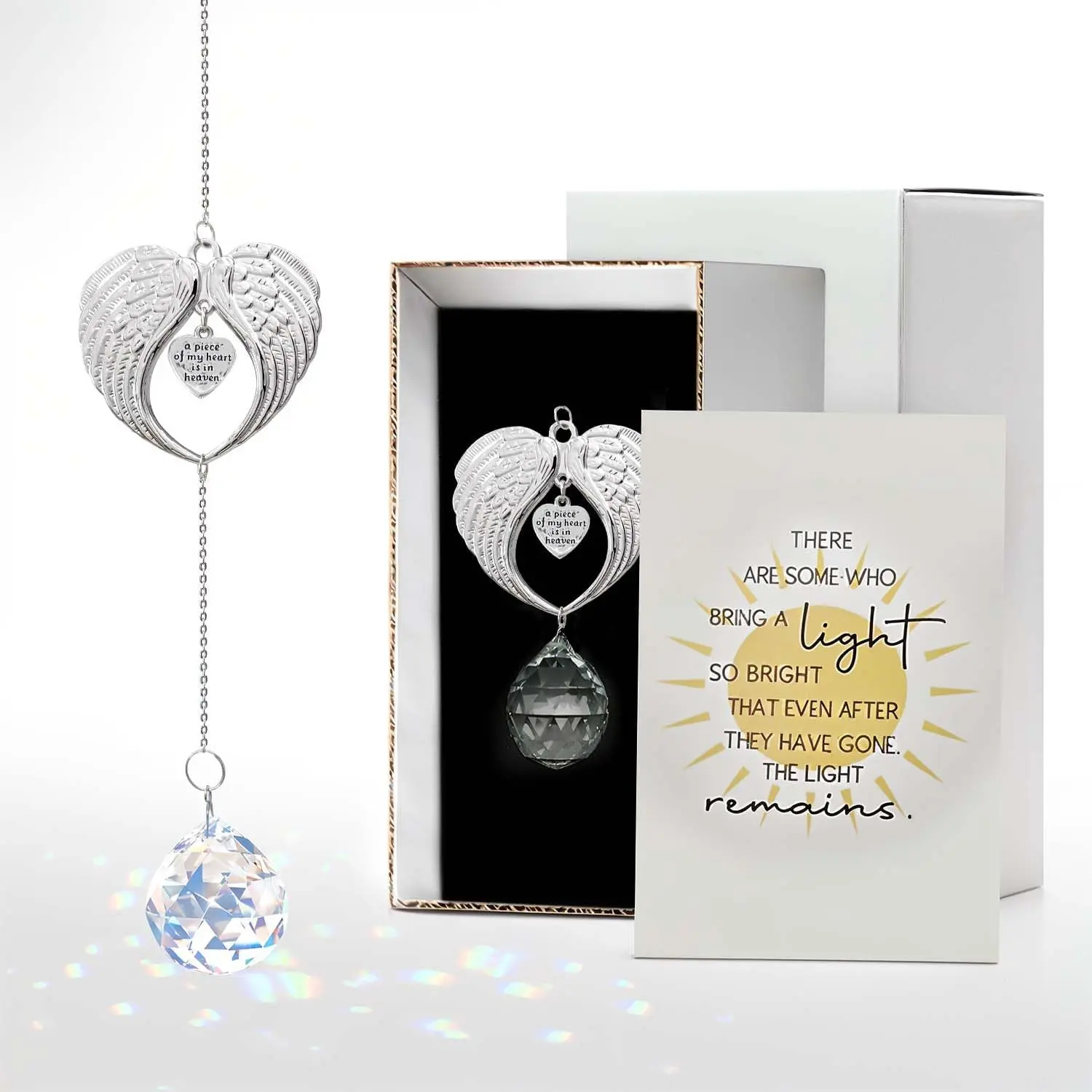 Sun Catcher Memorial Gifts A Piece of My Heart is in Heaven – Sympathy Gift for Loss of Loved One, Crystal Angel Wings Suncatcher for Windows, Bereavement & Grief Gift for Women, Remembrance Decor