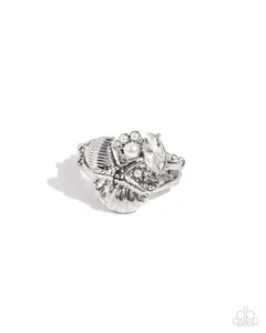 Beachy Bevvy - White Pearl Gem Shell Starfish Silver Ring - Paparazzi