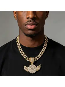 Men's Full Diamond Cuban Link Chain Hip-Hop Style Personalized Full Diamond Angel Wing Pendant Necklace