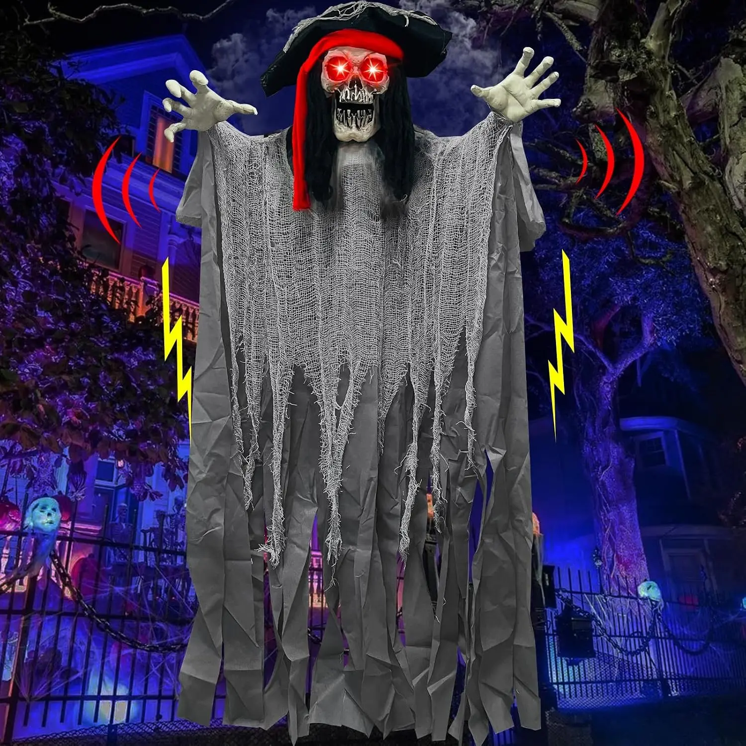 70" Large Halloween Animatronic Talking Pirate Ghost Decorations Outdoor | Sound Activated, Scary Halloween Hanging Prop, Life-Size Skull, Glowing Eyes, Shaking Motion, Haunted House/Yard Decor