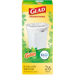 Trash Bags, Medium Drawstring Garbage Bags, 8 Gal, Gain Original Scent with Febreze, 26 Ct (pack of 1), Pack May Vary
