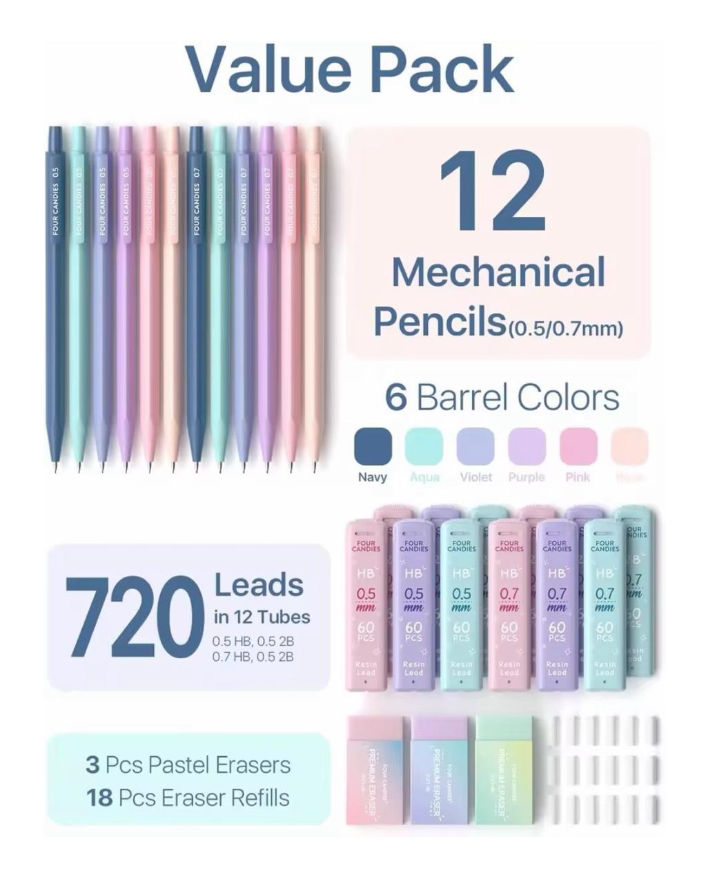 12Pack Pastel Mechanical Pencil 0.5 & 0.7 mm for School, with 741 Leads & Erasers, Cute Candy Pastel Art Drafting Pencils Mechanical with 720PCS (HB & 2B) Lead Refills & 21PCS Erasers & Storage Case  for Kid School Students Writing Drawing, Sketching