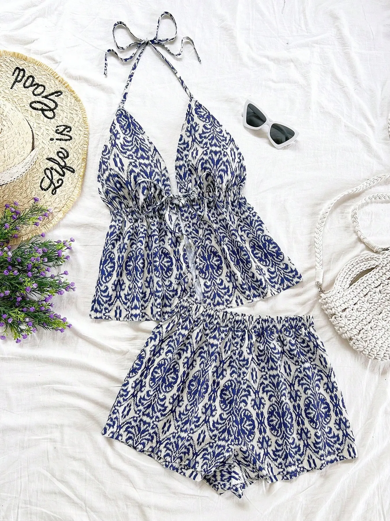 Women's Vintage Print Co-ord Set, Halter Neck Tie Back Top, Deep V Neck, Front Tie Detail, Elastic Waist Shorts, Lightweight Breathable Woven Fabric, Beach Vacation & Resort Wear, Bohemian Boho Retro Vacation Style  2 Piece Womenswear