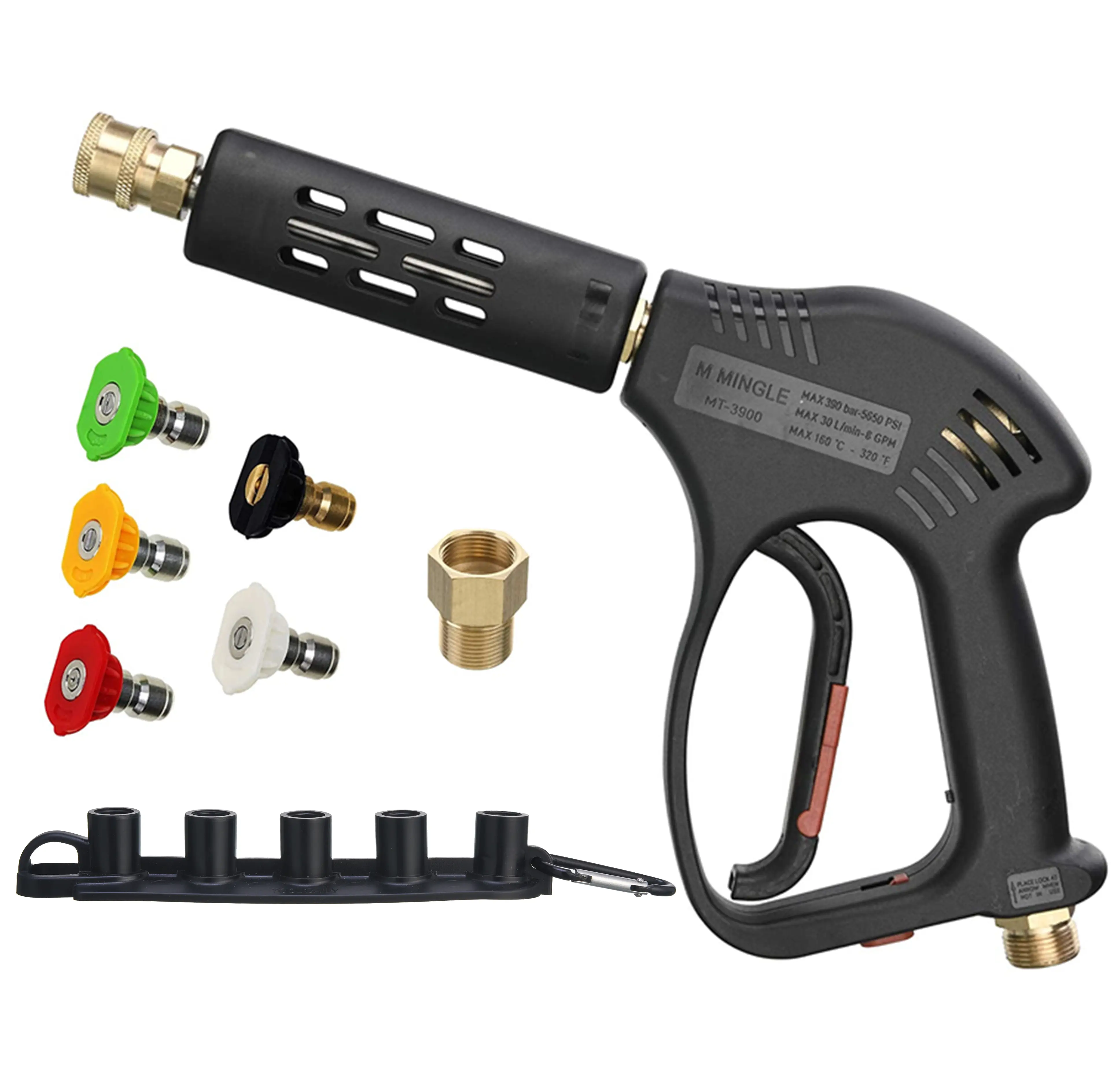 M MINGLE Compact Multi-Angle Power Washer Lance - 5000 PSI, 8 GPM Handheld Water Spray Accessory, M22 Fitting, 5 Nozzle Tips, Trigger Lock, Brass Coupler, Hot & Cold Water Compatible, Quick Connect Car Wash Replacement Kit for Cars, High Pressure Washers,