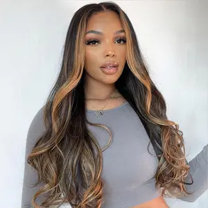 Brown Highlight Lace Front Human Hair Wig 1B/30 Body Wave Ombre Colored Brown Highlight Wig Human Hair HD Transparent Lace Frontal Wig Human Hair Wig with Baby Hair Pre Plucked Balayage Wig for Women