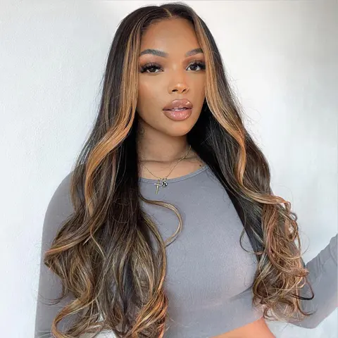 Brown Highlight Lace Front Human Hair Wig 1B/30 Body Wave Ombre Colored Brown Highlight Wig Human Hair HD Transparent Lace Frontal Wig Human Hair Wig with Baby Hair Pre Plucked Balayage Wig for Women