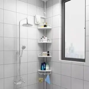 4 Tier Adjustable Corner Shower Caddy – Stainless Steel Rustproof Bathroom Organizer, No-Drill Tension Pole (47-121 Inch), Heavy-Duty Shelves & Hooks for Shampoo, Loofah, Bathtub Shampoo Storage – Quick Assembly, Black Rack, Bathroom Shower Organizers