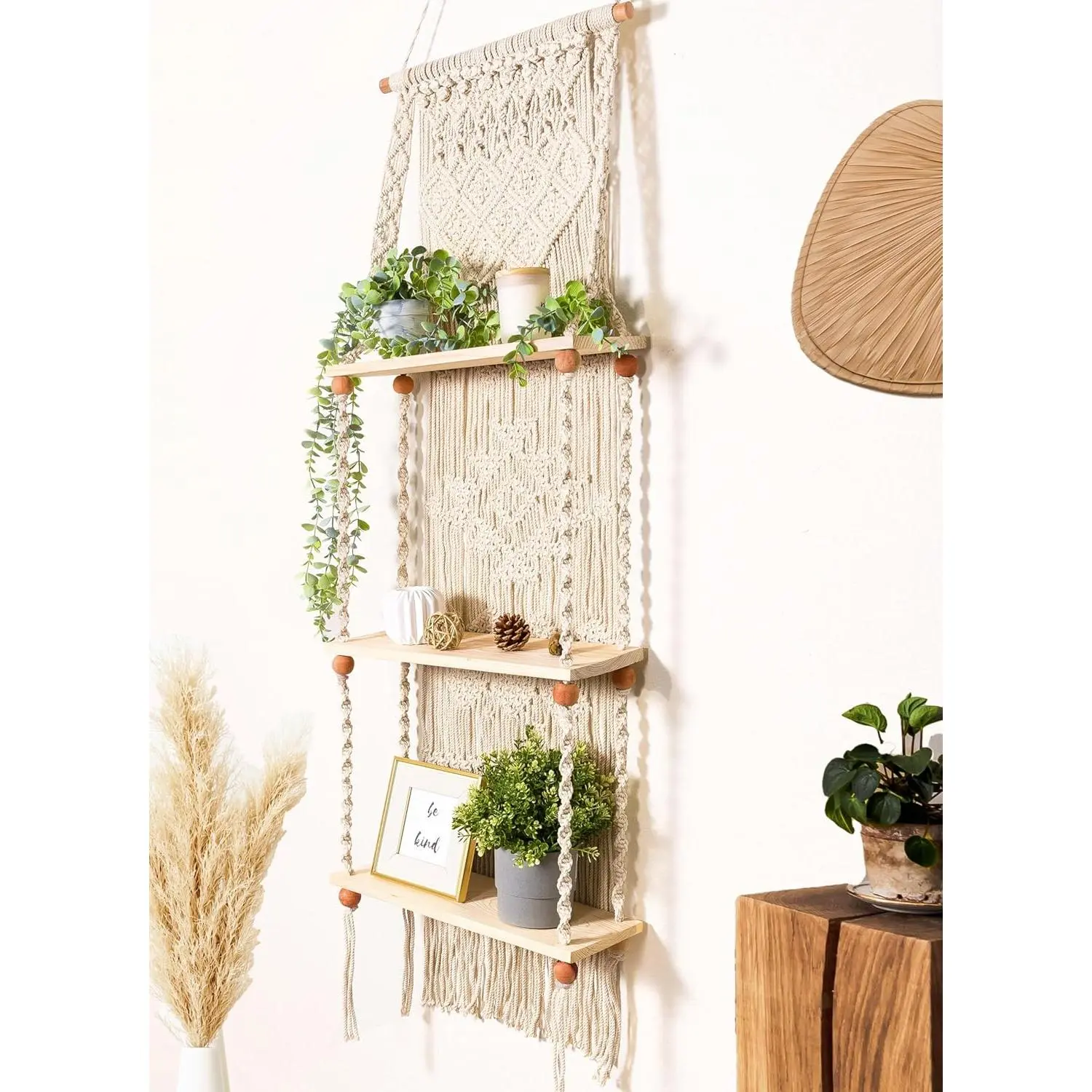 Macrame Wall Hanging Shelf 3 Tier Boho Wall  Hanger Shelves, Handmade of Woven Rope Boho Shelves Organizer for Living Room Bathroom Home Storage Floating  Rack Bohemian decor