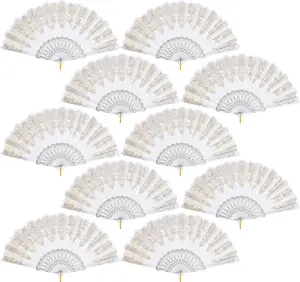 10 PCS Folding Handheld Fans,Silk Spanish Fan, Perfect for Weddings, Parties, and Dancing,White