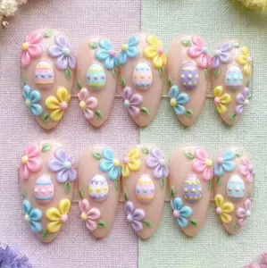 Kawaii Spring Press On Nails, 3D Pastel Flowers & Easter Eggs, Cute Almond Nail Set