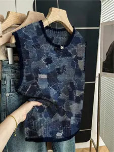 1 Piece Spring Summer Back to School Casual Loose Crew Neck Sleeveless Knitted Crop Top, Dark Blue Trim Color Block Blue Patchwork Print, Women's Knitwear, Womenswear, Wear Alone or With Vest