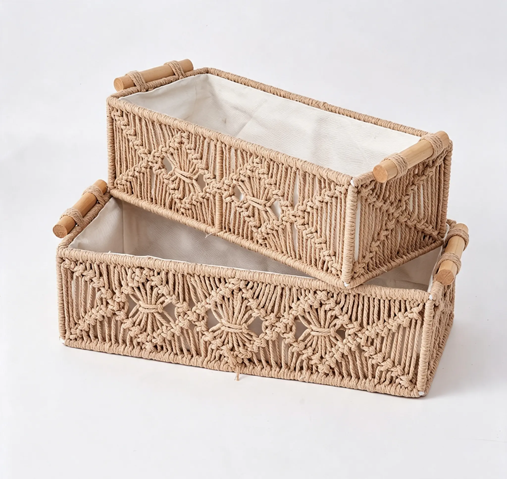 Macrame Storage Basket with Handles, Natural Fiber, Rectangular Shape, Ideal for Organizing and Storage